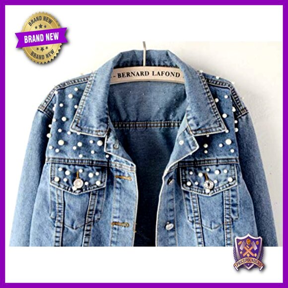 Oversized Denim Jacket Embroidered Pearl Beading Distressed Boyfriend Fit - Picture 4 of 7